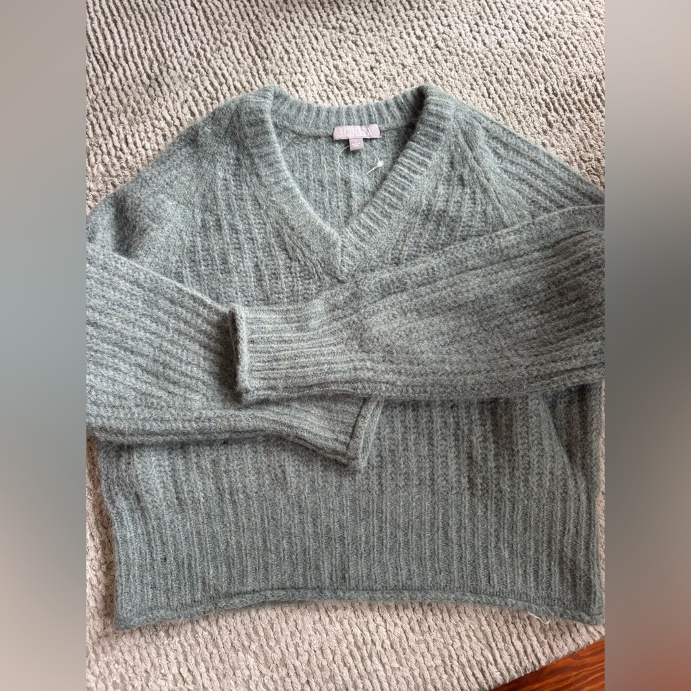 J.Crew green wool blend v neck ribbed sweater size small